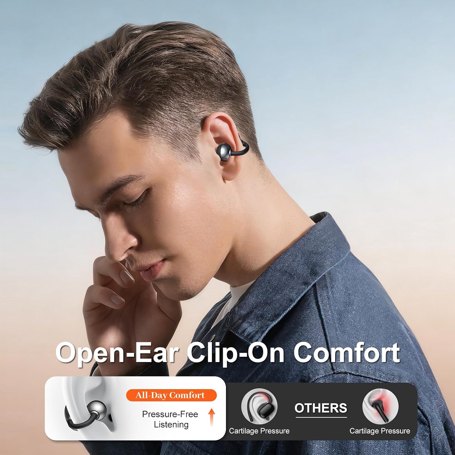 Open-Ear Earbuds, Clip-On Bluetooth 6.0 Headphones, Open-Ring Design Over-The-Ear Earphones, IP67 Waterproof, 48H Playtime, True Wireless Earbuds for Running, Sports, Phone Calls, and Music
