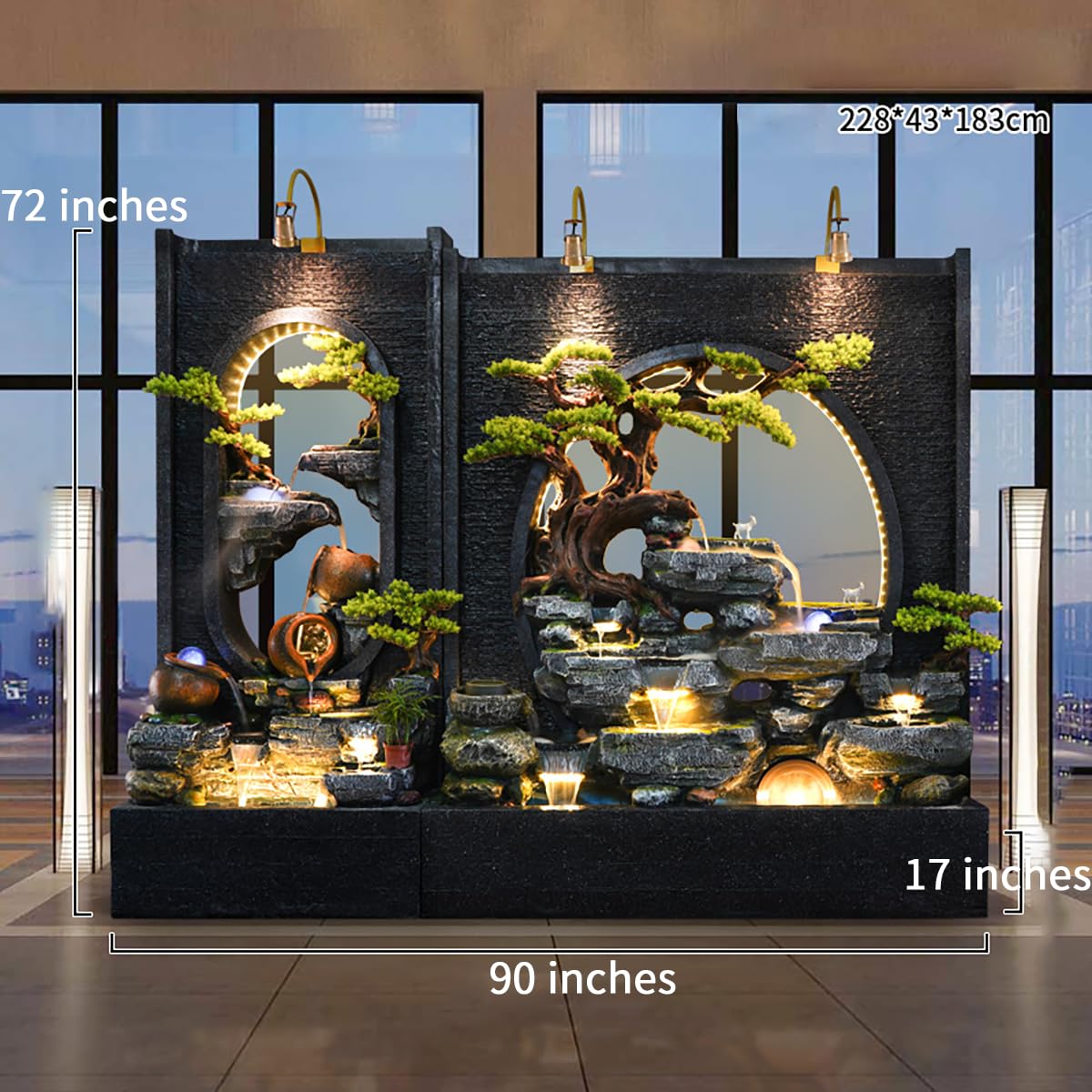 Outdoor-Wasserbrunnen mit LED-Licht, Zement, Steingarten-Textur, 190 x 178 x 43 cm (L x H x B) für Wohnzimmer, Balkon, Esszimmer, Gartenclub, Einweihungsgeschenk. Mehrere Optionen (B+C)