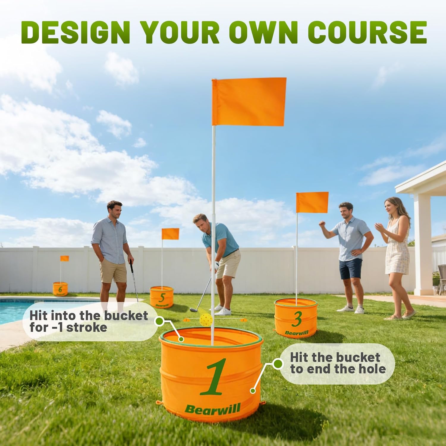 Bearwill Golf Bucket Game for Family, Adults and Kids Portable 6 Hole Golf Course with Balls and Flag, Outdoor Indoor Golf Yard Game for Park, Beach, Lawn, Camping