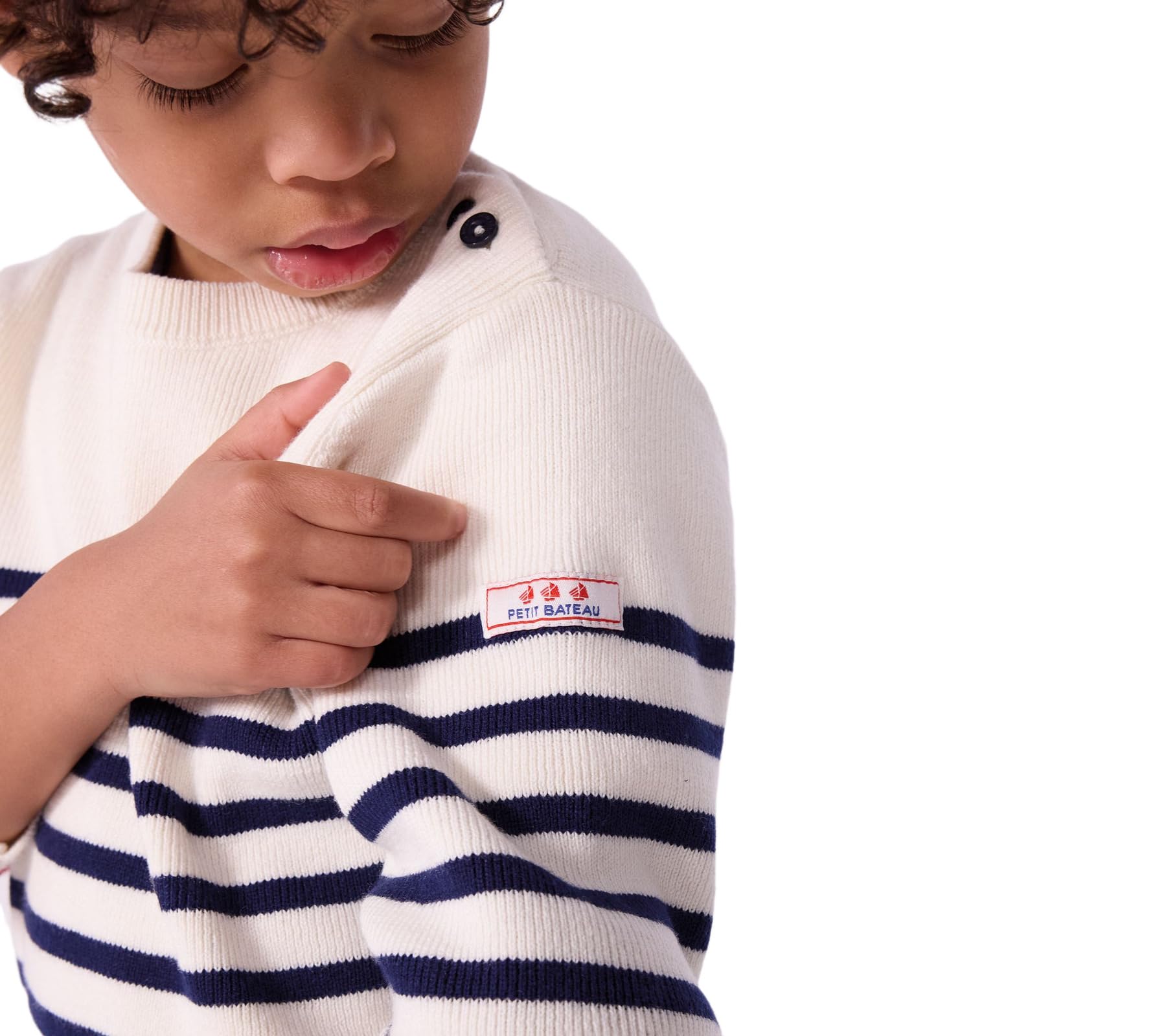 Petit Bateau Pequeño Barco sweter dziecięcy z wełny i bawełny w paski, Marshmallow/Noche, 10 lat