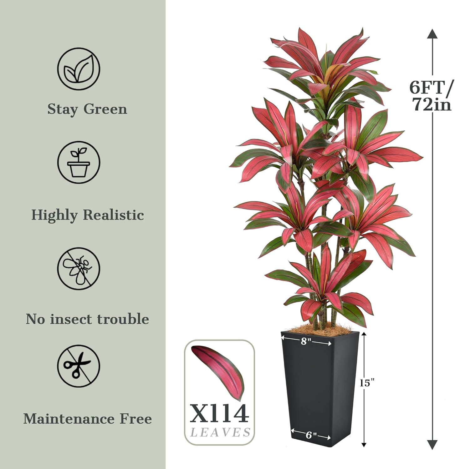 6FT Artificial Dracaena Tree - 72in Faux Dracaena Tree with Black Planter, Realistic Trunk & Lifelike Red Foliages, Tall Fake Tropical Floor Plant Potted for Home Office Living Room Indoor Decor