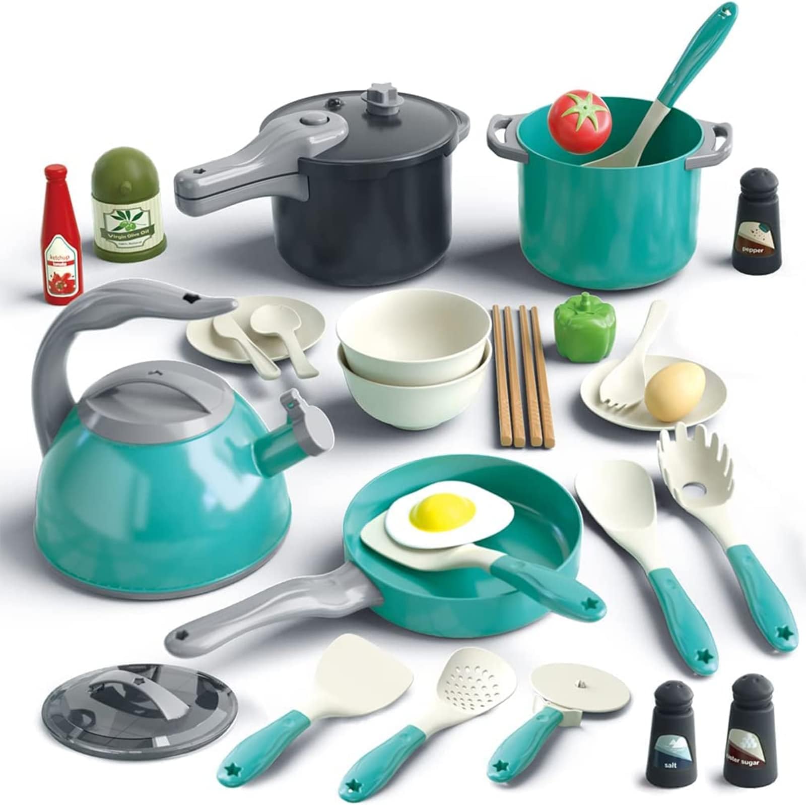 Bruvoalon 32Pcs Kids Play Kitchen Toys Set, Toddlers Pretend Cooking Playset Acccessories with Pots Pans, Utensils Cookware, Foods, Canned Veges, Learning Gift for Kids Girls Boys (Green)