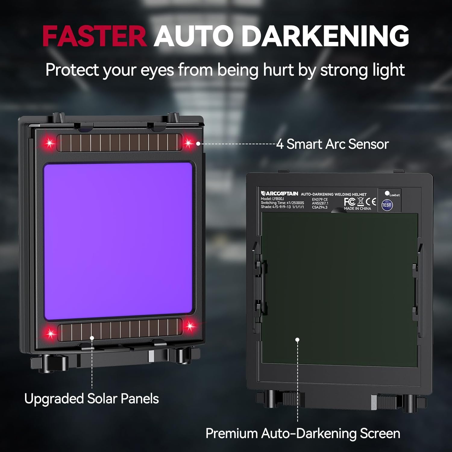 Close-up of the auto-darkening filter with four arc sensors and solar panels