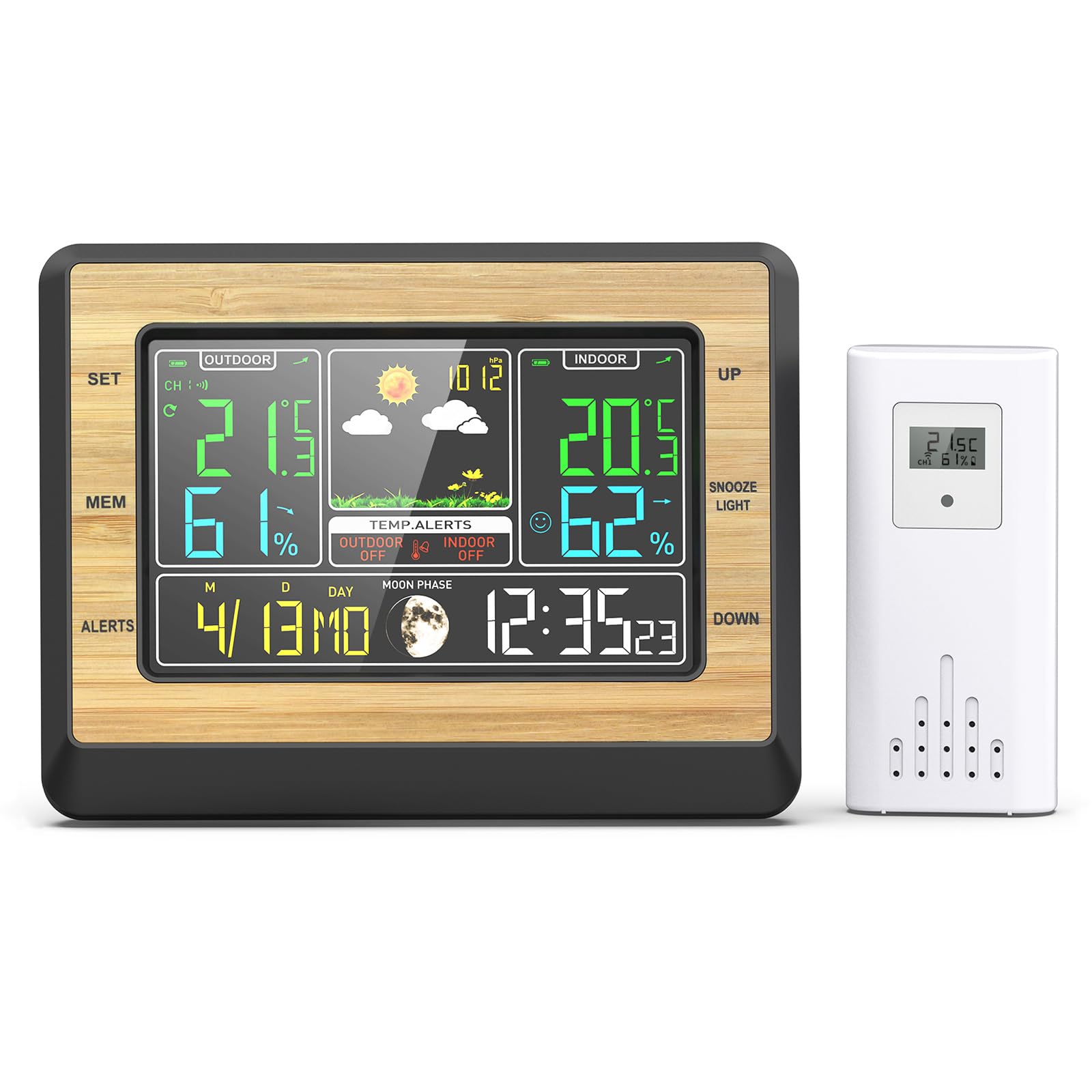 Digitales LCD-Thermohygrometer Uhr mit Funk-Sensor Einstellbarer Helligkeit Alarm bei Grenzwertüberschreitung Wettervorhersage Temperatur- und Feuchtigkeitsanzeige für Hause Drinnen Draußen