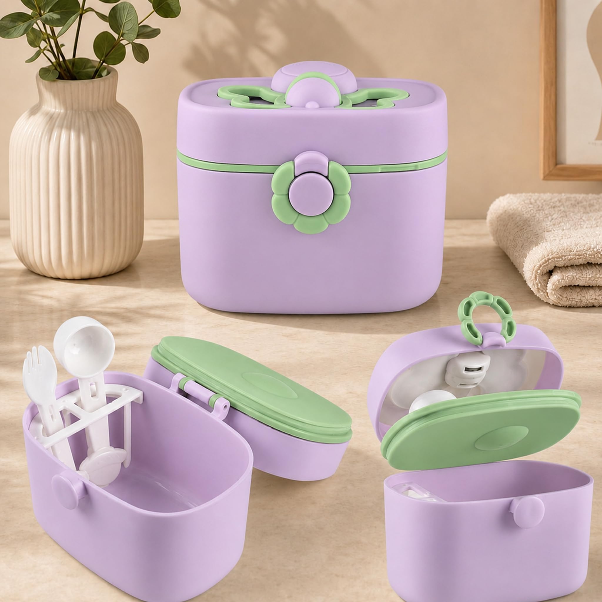 3-Layer Infant Feeding Box & Milk Powder Dispenser - Portable Container with Butterfly Shaped Handle & Fork/Spoon Holder - Secure Flower Lock - Purple-image-47