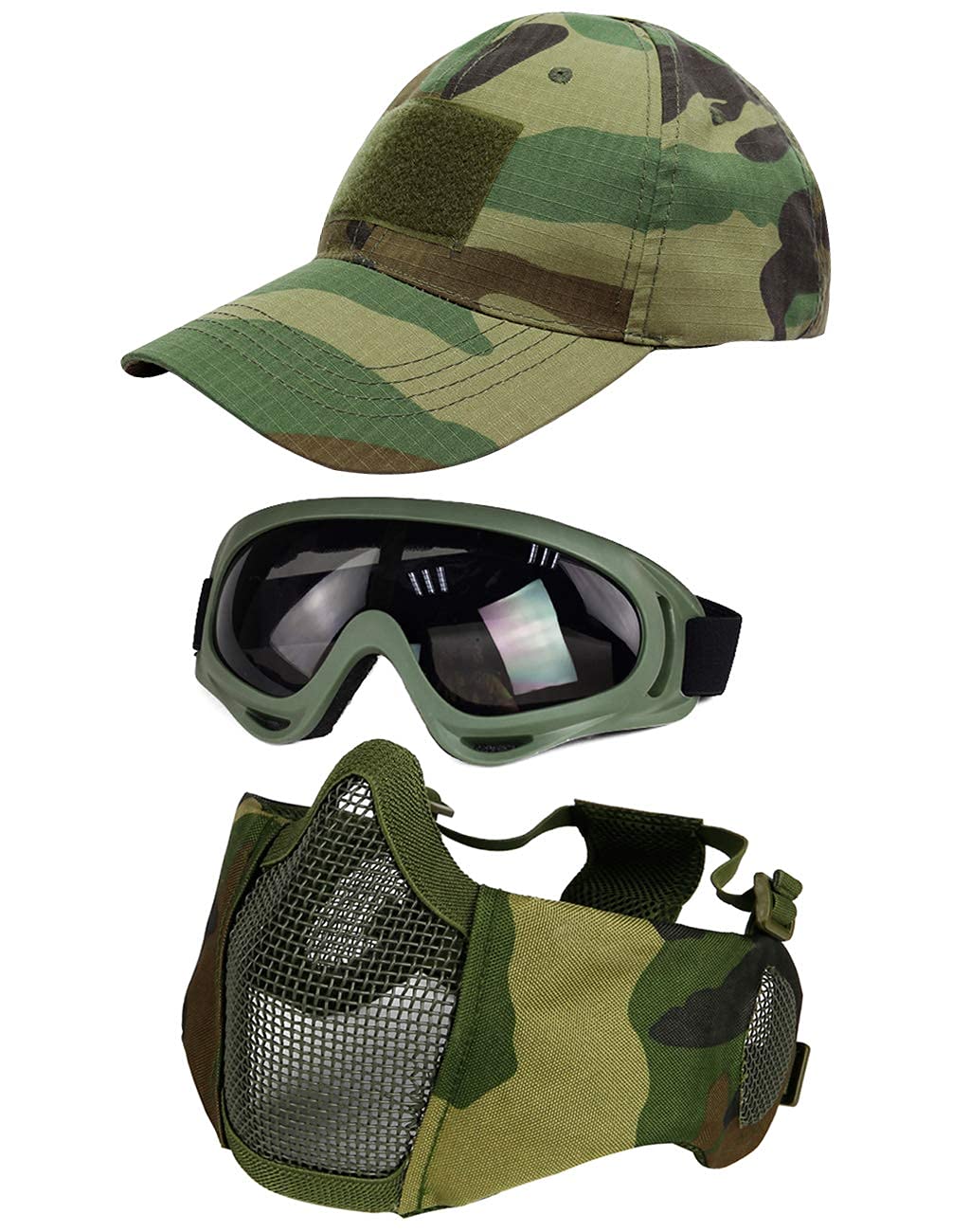 Juego de 3 máscaras tácticas de Airsoft para béisbol,máscara de Malla de Media Cara Ajustable con protección para los oídos,Gafas Anti UV,Gafas de Airsoft para Aire Libre