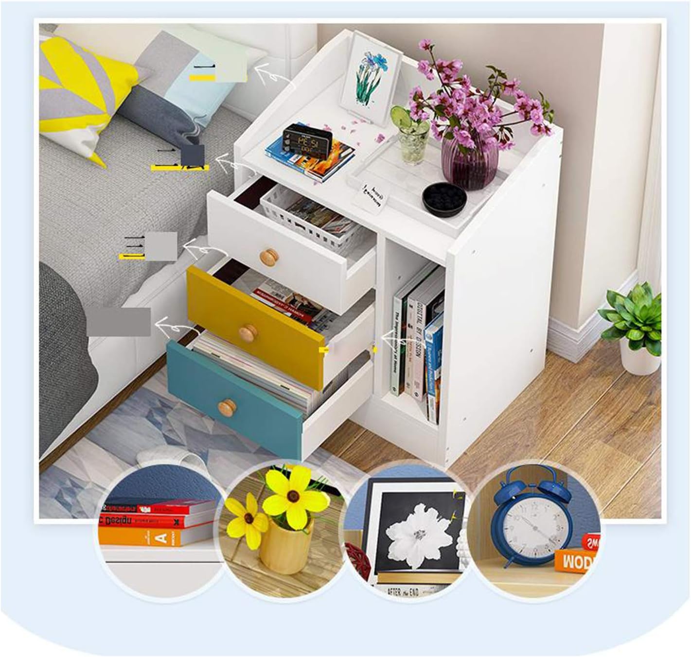 White Slim Bedside Table Wooden Nightstand Slim Tall Telephone Table Narrow Hallway Side Table with Drawer Shelf, Sofa Side Table for Living Room Bedroom Office