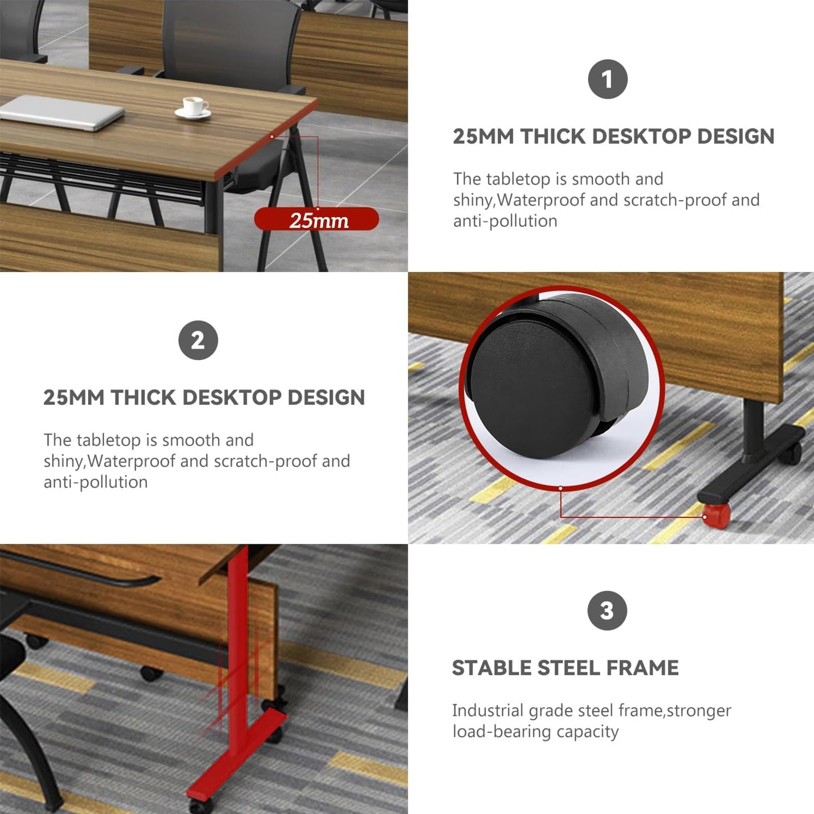 3-teiliges, klappbares Konferenztisch-Set mit leisen Rollen, modulares Design für Büro/Klassenzimmer/Schulung, platzsparende Aufbewahrung, Beige, 120 x 60 x 75 cm