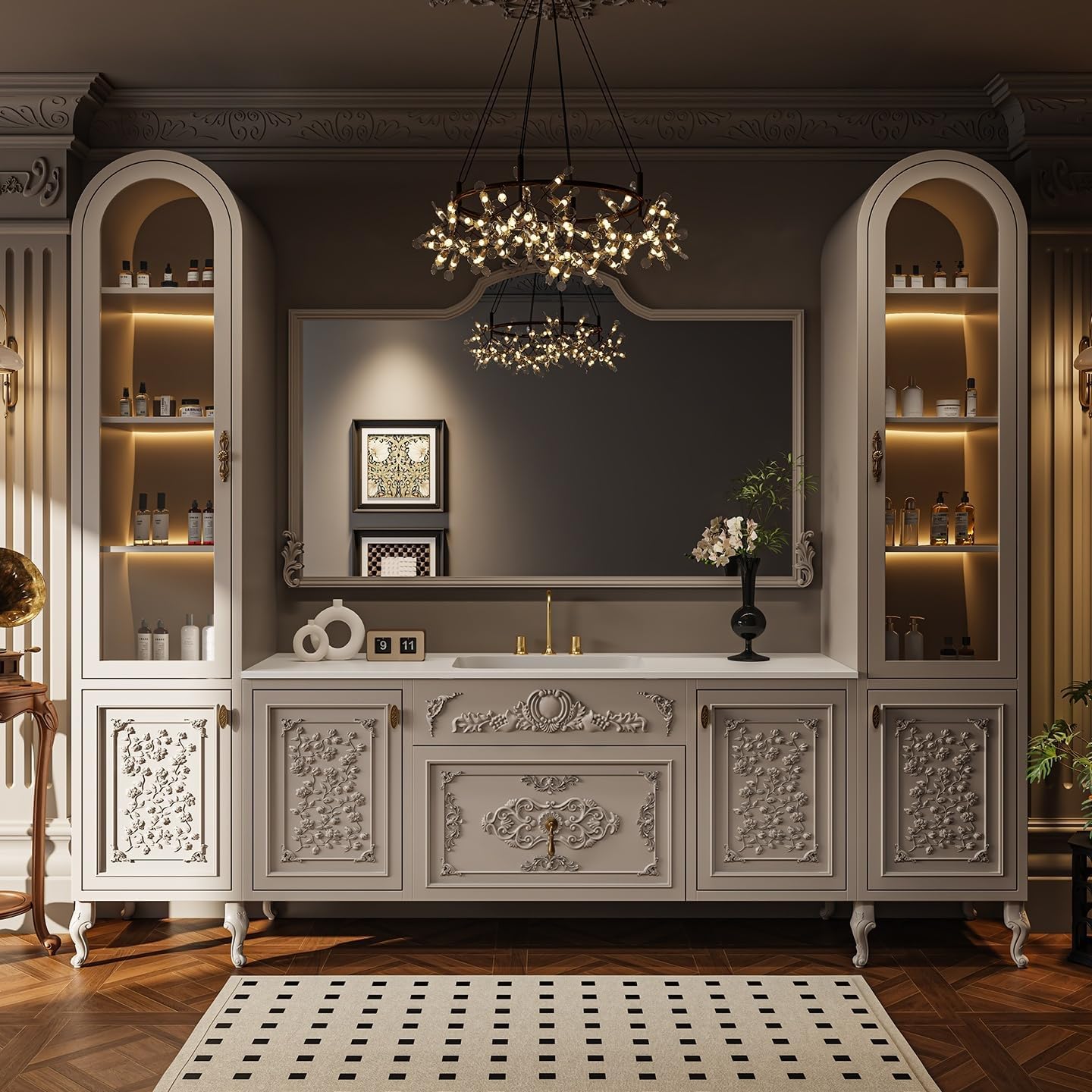 72' Bathroom Vanity with Sink - Modern Bathroom Vanity Cabinet, Freestanding French Vintage Sink Cabinet with Storage Towers & Smart LED Defogging Mirror, Complete Ket, White