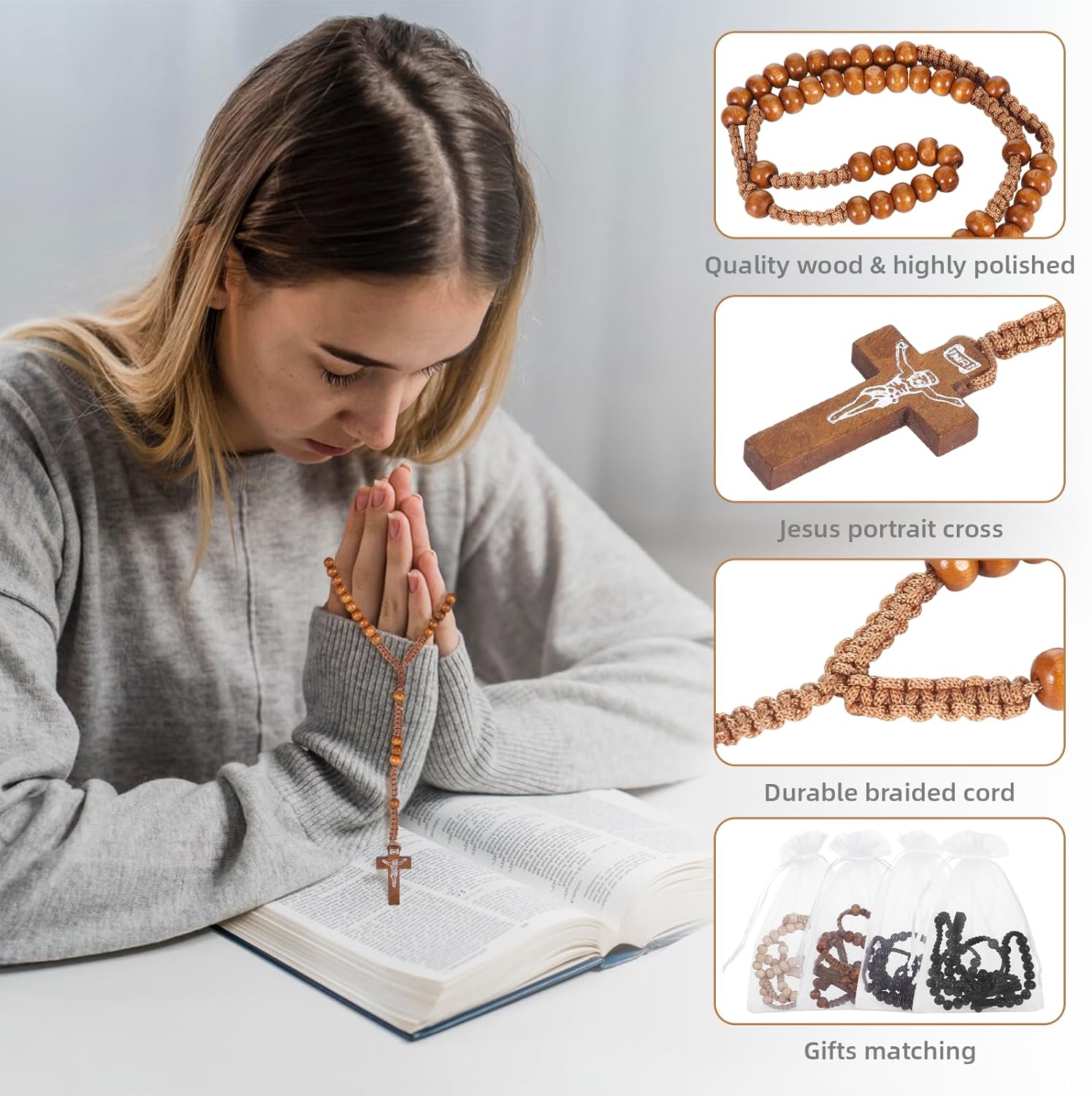 Wooden Rosary Beads Bulk,Wood Rosarios Catolicos with Jesus Holy Cross,First Communion Rosary Bulk Wooden Rosaries in Bulk With Organza Bags Rosary Catholic Baptism Church Present for Men Women - Image 2