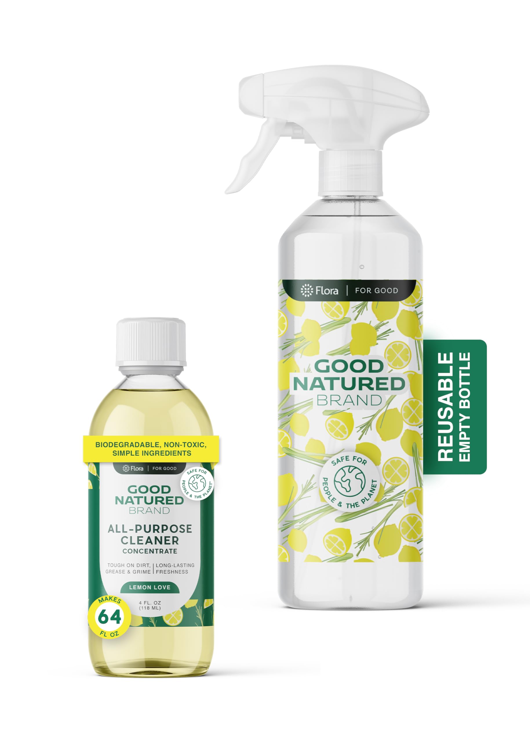 Good Natured Brand All-Purpose Cleaner Concentrate + 16 oz Bottle | Multi-Surface Cleaner | Natural Lemon Essential Oil | Multipurpose Cleaner All Surfaces | Lemon Love | 4oz makes 64oz