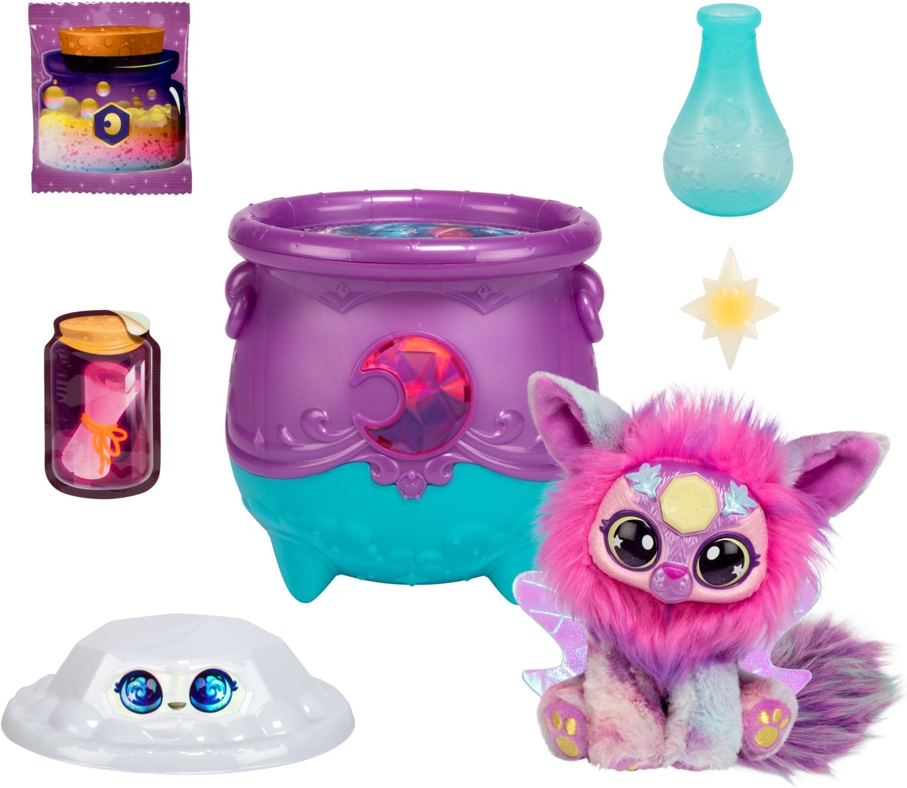 Magical Gem Surprise Cauldron, With New Shimmer Eyes! Reveal an Mixie Plushie from the Fizzing Cauldron and Discover 2 Magical Lunar Gem Surprises!