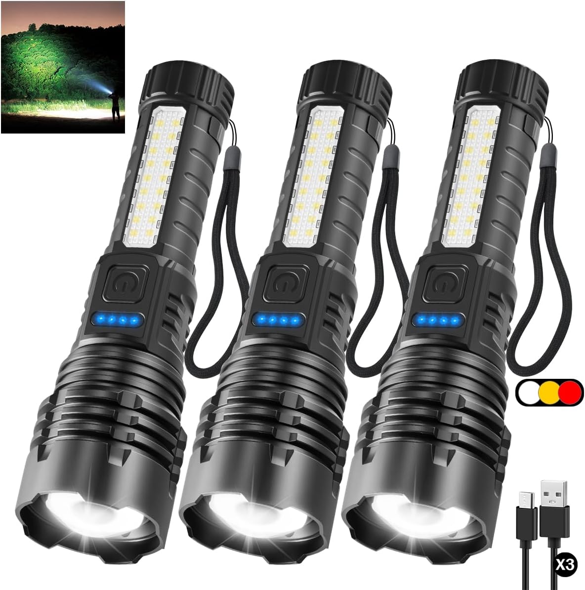 Paquete de 3 linternas recargables, linternas de 7 modos de lúmenes altos, linterna LED súper brillante, luz de flash táctica ajustable, luz de