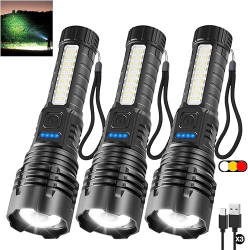 Miniatura 1 de Paquete de 3 linternas recargables, linternas de 7 modos de lúmenes altos, linterna LED súper brillante, luz de flash táctica ajustable, luz de