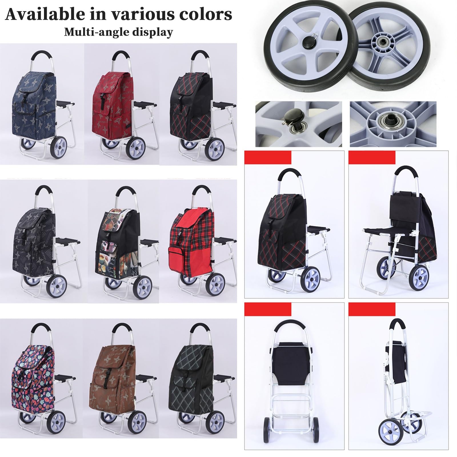 Zusammenklappbarer Einkaufswagen mit Sitz, kompakter Einkaufswagen, Treppensteig-Design, 100 kg Kapazität, leichter Allzweckwagen für Senioren, tragbar und faltbar, schwarzes Rad