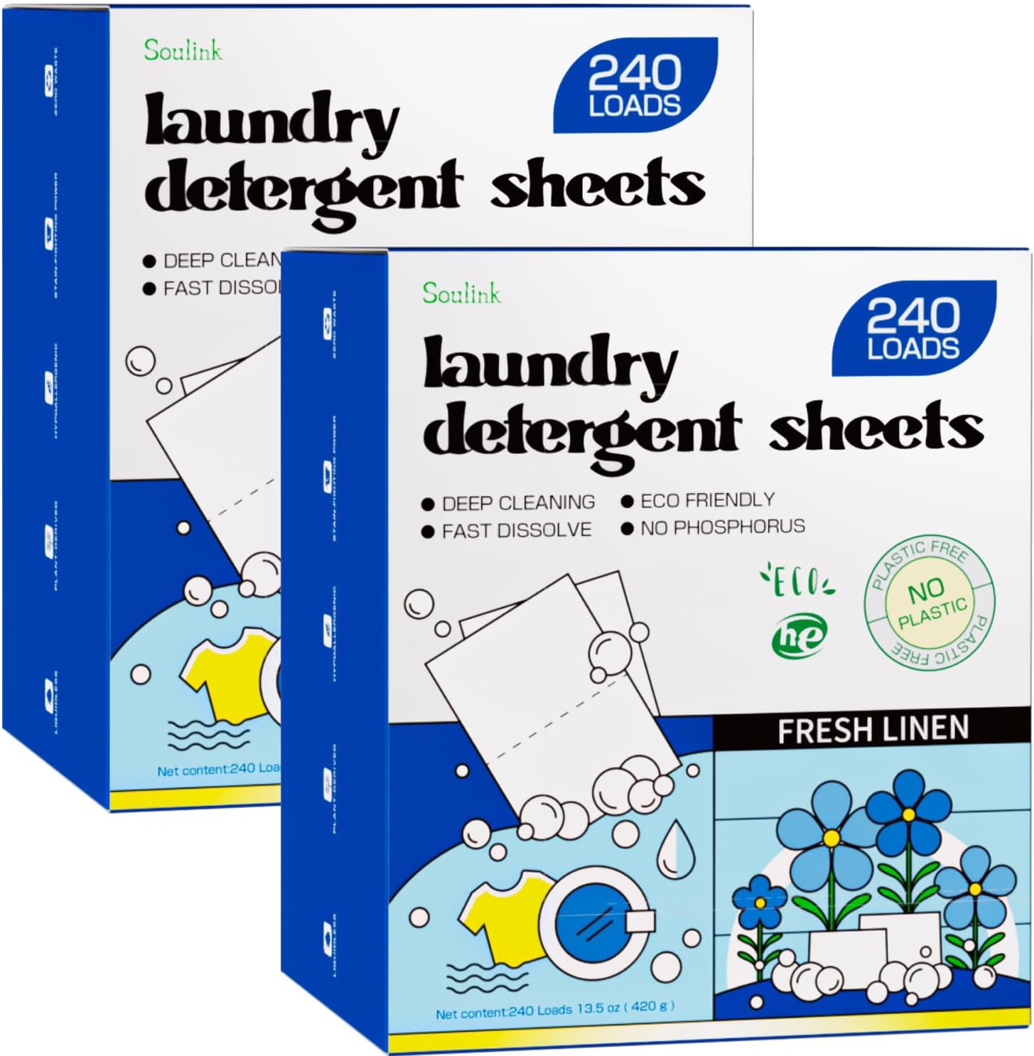 Soulink Laundry Detergent Sheets, 480 Loads (2 Pack) - Eco-Friendly, Plant Based, Hypoallergenic, No Plastic Jar, Fresh Linen Scent
