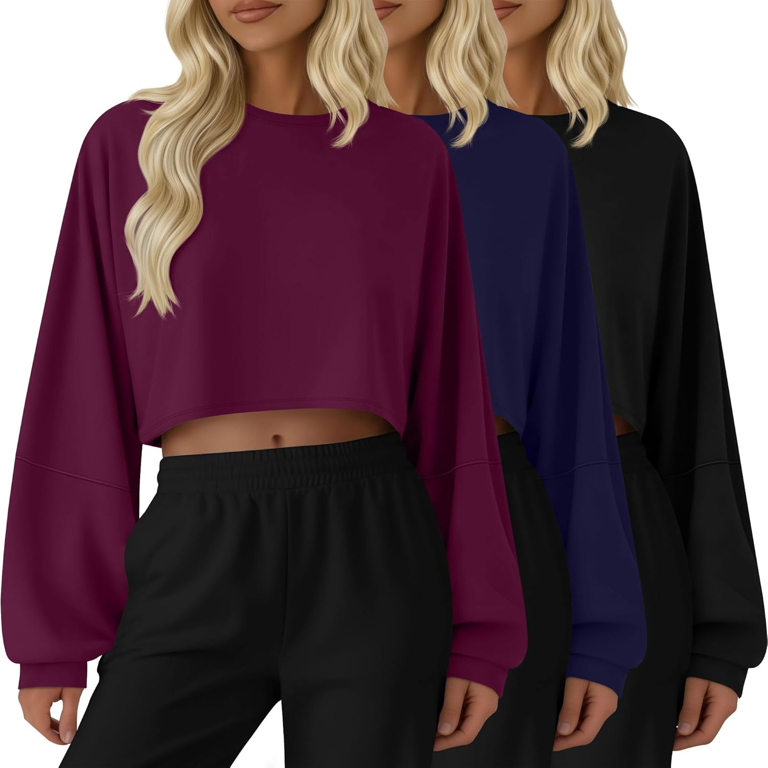 3 Pack Women's Lantern Long Sleeve Oversized Crop Tops Crew Neck Loose Pullover Sweatshirts Casual Workout Shirts(Black, Navy Blue, Fuchsia,Large)
