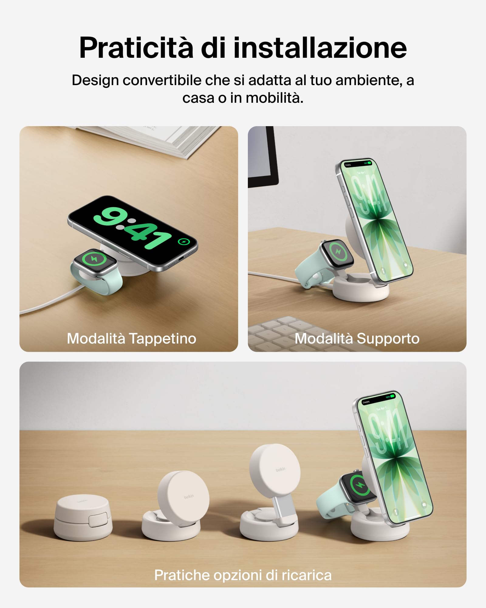 Belkin UltraCharge Pro Caricatore Wireless Qi2 25W 2 in 1 - Beige | Caricatore Wireless Magnetico Convertibile MagSafe, Certificato Qi2.2 per iPhone, Apple Watch, Auricolari, Alimentatore 45W