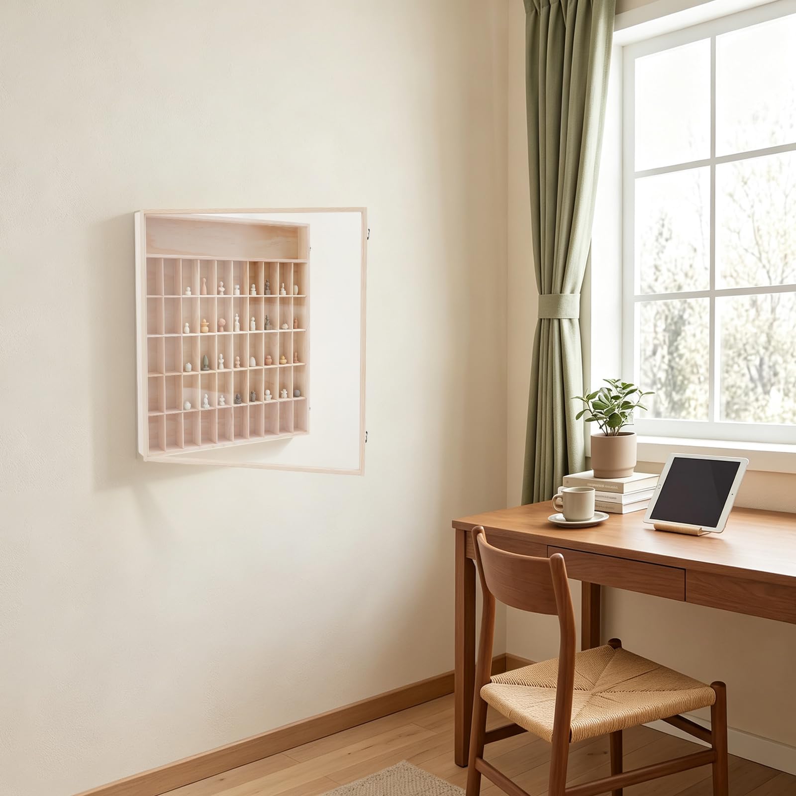 Wandvitrine aus Holz, 50 Fächer, Transparente Acryltür
