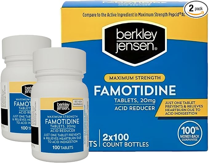 Berkley Jensen Maximum Strength Famotidine 20 mg - Acid Reducer Tablets to Relieve Meal-Induced Heartburn & Acid Indigestion Symptoms, All-Day Heartburn Prevention & Relief,100 Count ( Pack of 2 )