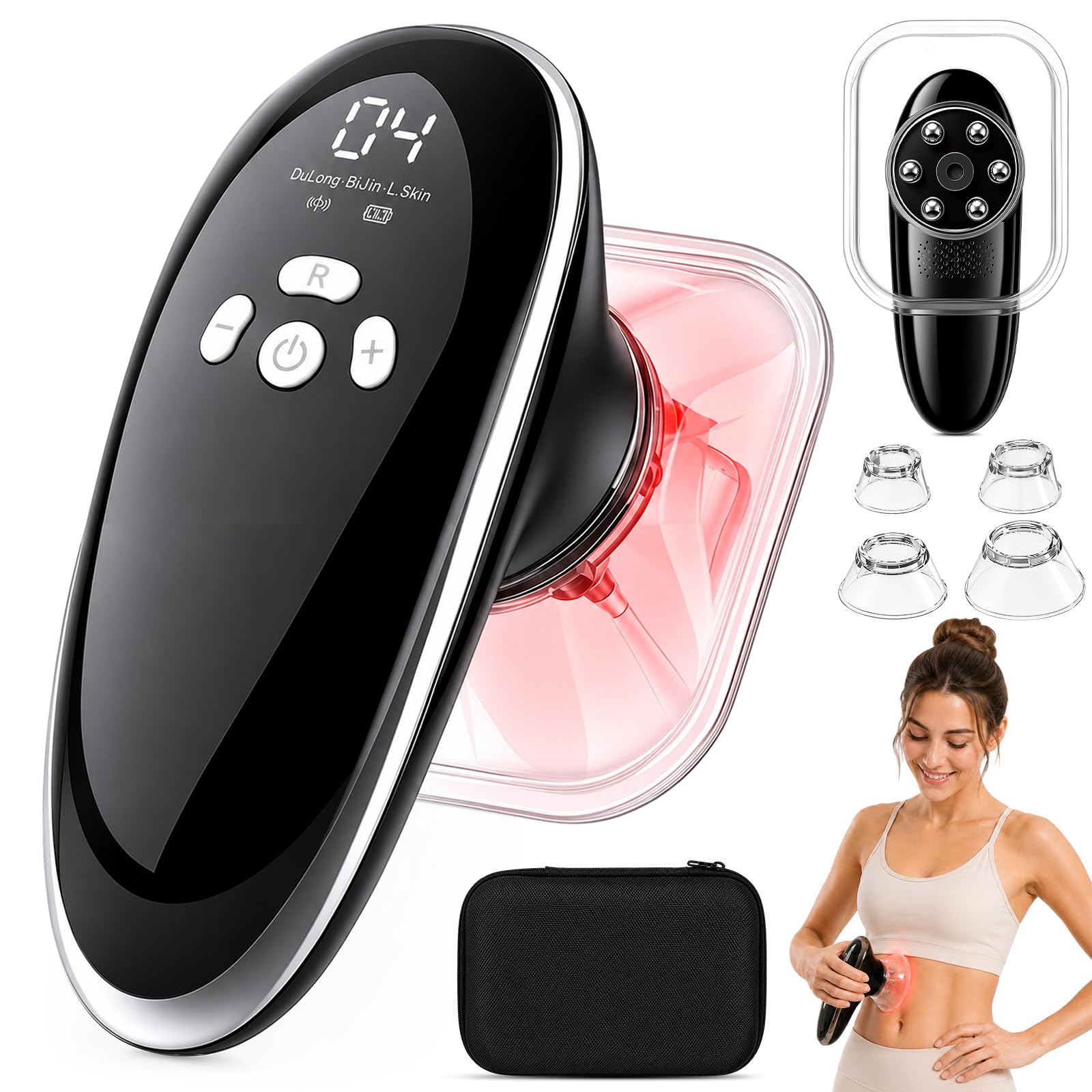3-in-1 Anti Cellulite Massagegerät elektrisch: EMS, Vakuum Schröpfgerät, red light therapy, Lipödem/Lymphdrainage, Hautstraffung Bauch Beine Po Rücken, 3 Modi 10 Stufen, Sprachansage, 4 Aufsätze, Box