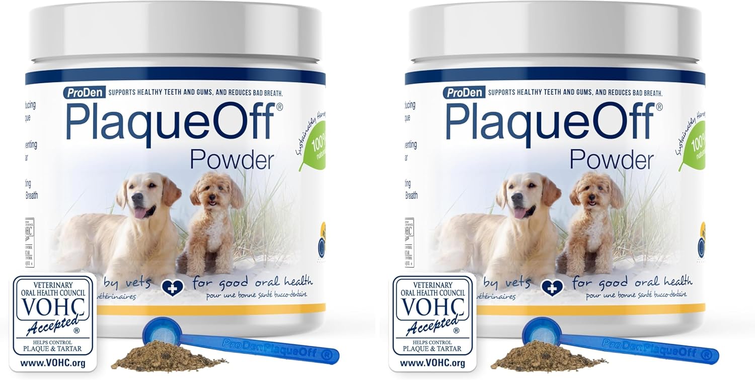 ProDen PlaqueOff Powder for Pets - Cat & Dog Breath Freshener - Plaque & Tartar Remover for Pet Oral Care - 180g (Pack of 2)