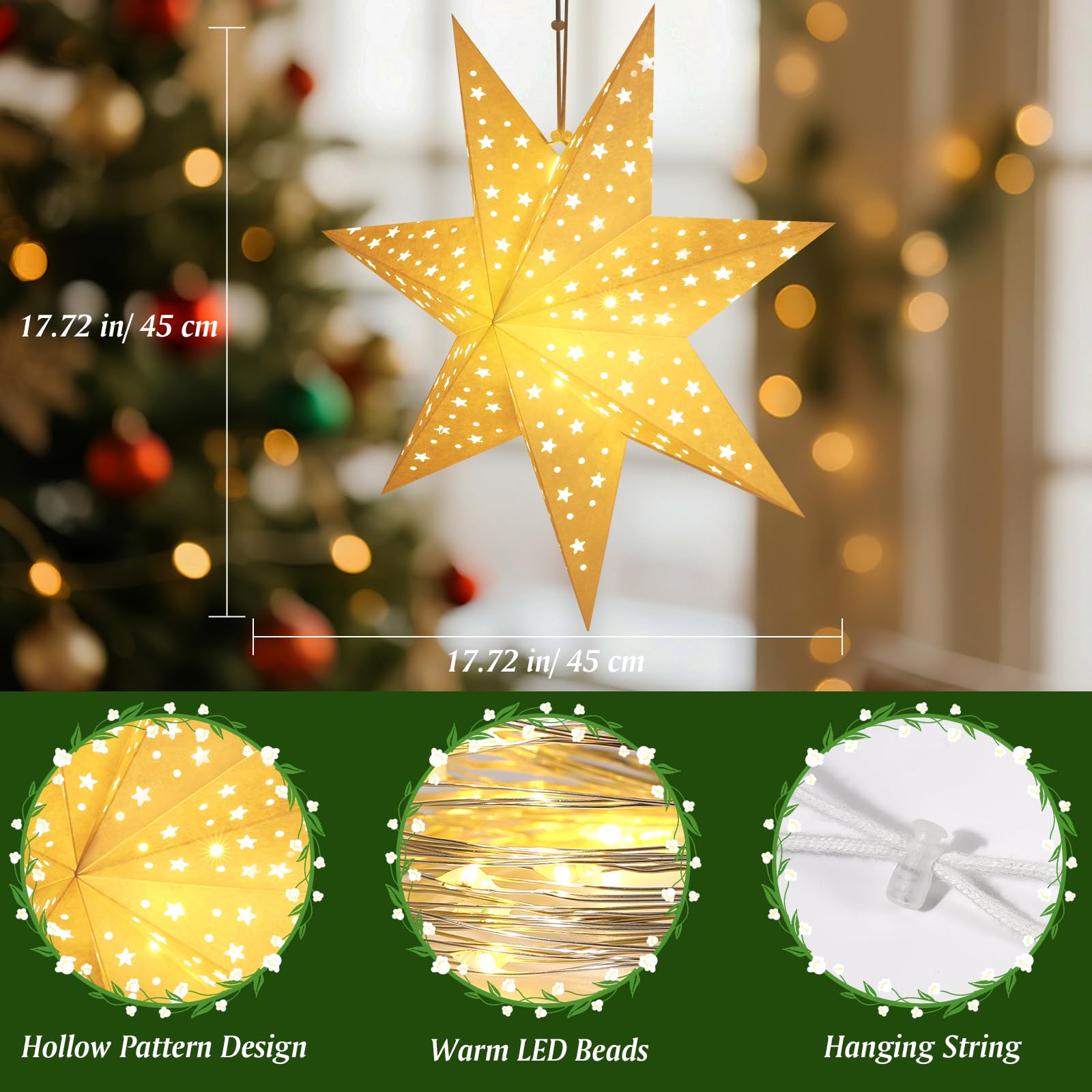 Lewondr Weihnachtsstern Beleuchtet 3 Stück, 45cm Papiersterne Weihnachten | Hängende Sternenlichter mit Ausgeschnittenen Sternen, LED Stern mit Fernbedienung, Weihnachtsdeko Papierstern für Innen