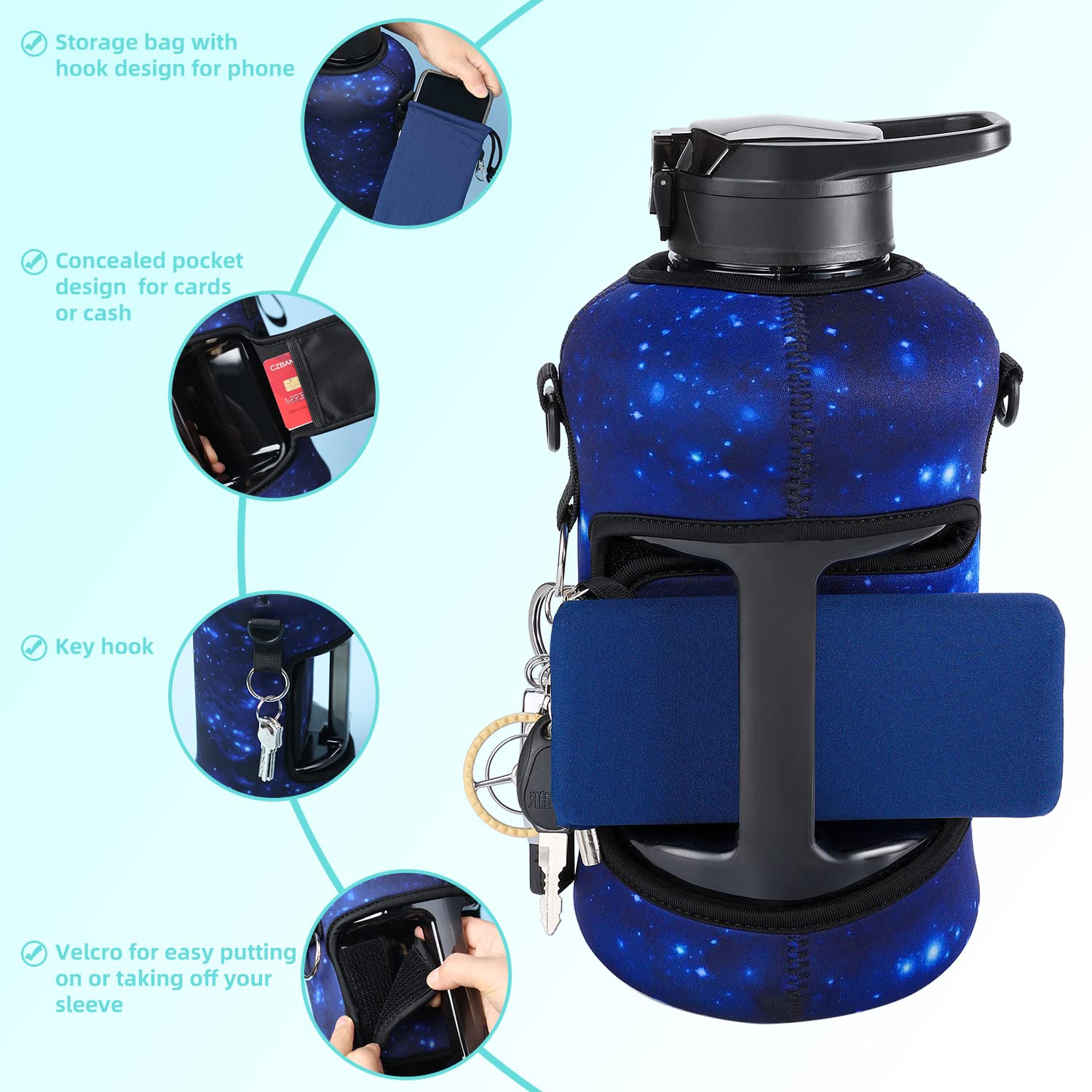 Youcan Plato 1.8 l Wasserflasche mit Hülse, große Wasserflasche - große Wasserflasche mit Strohhalm - Gallonen-Wasserkrug mit Griff und Flaschenbürste, BPA-frei, Trainingsflasche, Schwarz'