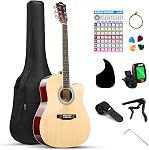 Moukey 4/4 Acoustic Guitar kits for Beginners, Adults, 41 Inch Guitarra Acustica with Chord Poster, Gig Bag, Tuner, Steel Strings, Capo, Strap, Natural