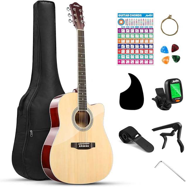 Moukey 4/4 Acoustic Guitar kits for Beginners, Adults, 41 Inch Guitarra Acustica with Chord Poster, Gig Bag, Tuner, Steel Strings, Capo, Strap, Natural