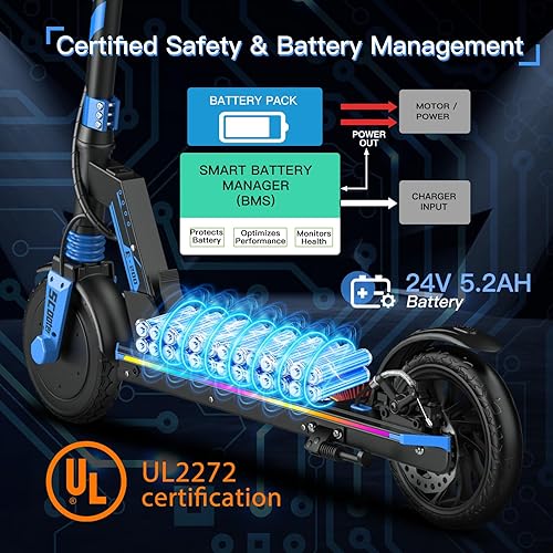 Miniatura 5 de Patín eléctrico para niños, motor de 180W, 12 MPH y rango de 12 millas, patín plegable con arranque seguro no cero, frenos duales, carga máxima de