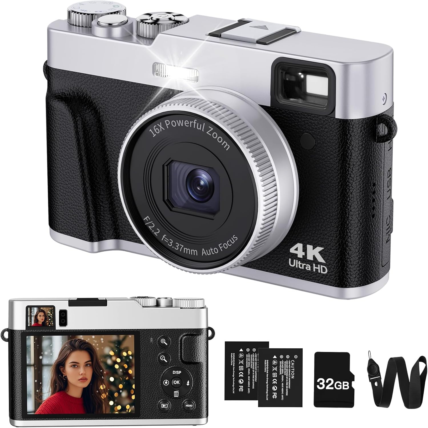 ToAuite 4K Digital Camera with Viewfinder, 48MP Autofocus Vlogging Camera for Photography and Video, Anti-Shake 16X Zoom Travel Portable Camera with Flash 32GB Card, Selfie YouTube Cameras with Dial