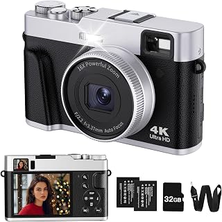 ToAuite 4K Digital Camera with Viewfinder, 48MP Autofocus Vlogging Camera for Photography and Video, Anti-Shake 16X Zoom Travel Portable Camera with Flash 32GB Card, Selfie YouTube Cameras with Dial