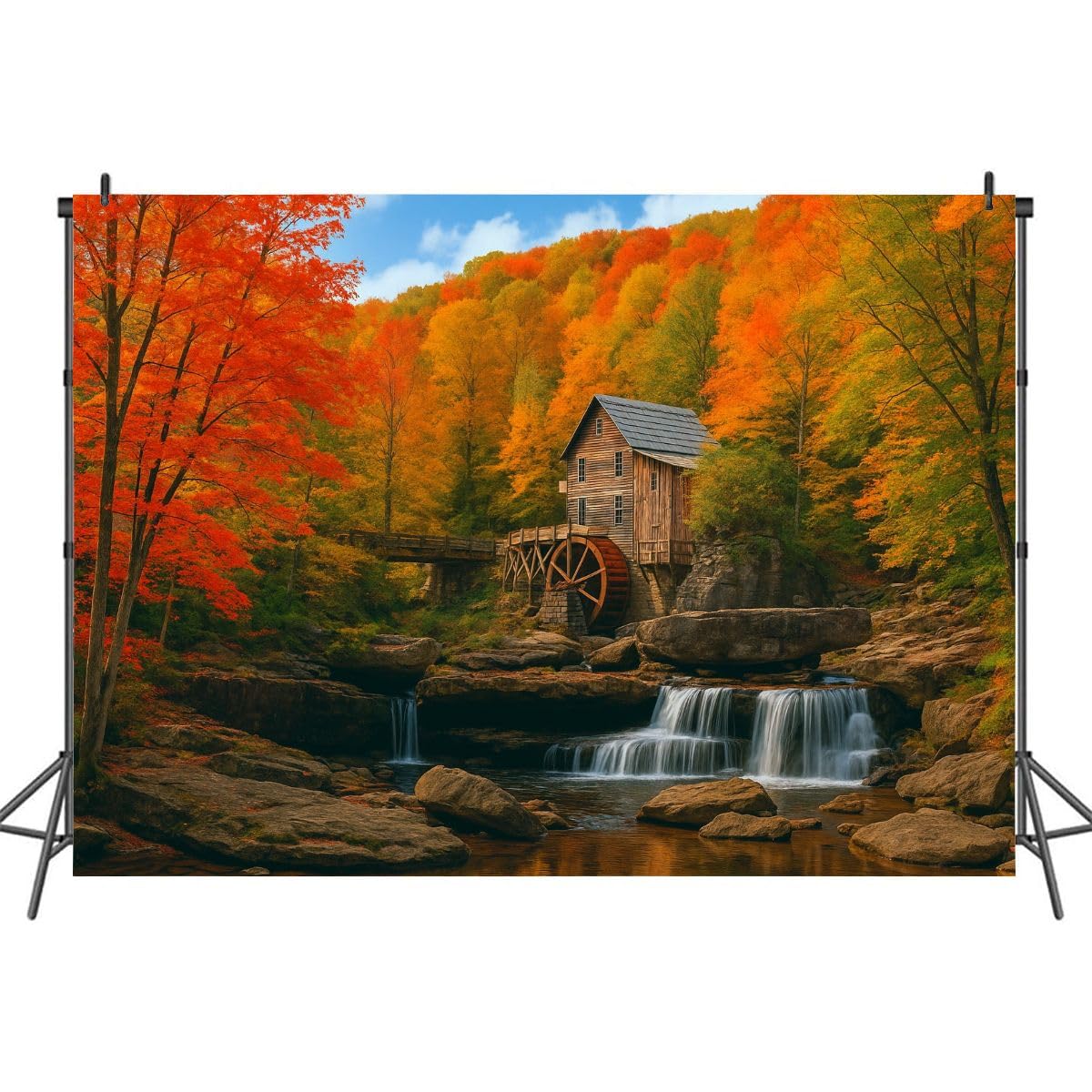 7x5FT Glade Creek Grist Mill Nostalgia Blazing Autumn Colors West Virginia Photography Backdrop Background Cloth Portrait Photo Booth Studio Prop