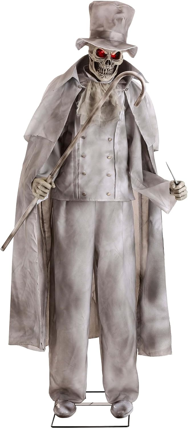 Fun Costumes 7ft Animated Ghostly Gentleman Jack Outdoor Decoration, Grey Spooky Sound Red Light-Up Eyes Decor - Standard, Gray