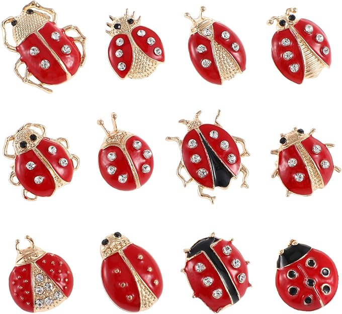 WRITWAA 12Pcs Ladybug Brooch Pins Small Rhinestone Ladybug