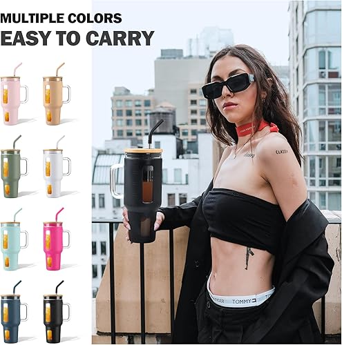 Miniatura 7 de Kodrine Vaso de vidrio de 40 onzas con asa, vaso de café helado con popote y tapa de bambú, taza de vidrio con funda de silicona, marcador de