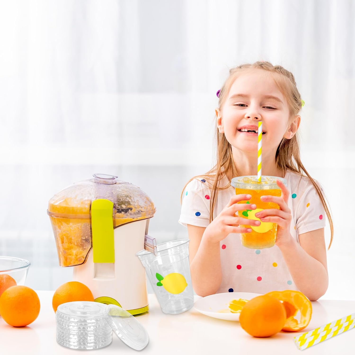 Whaline 50Pcs Lemon Disposable Plastic Cups with Lids and Straws 12 Oz Yellow Summer Fruit Cold Beverage Drinking Cups for Birthday Baby Shower Party Supplies