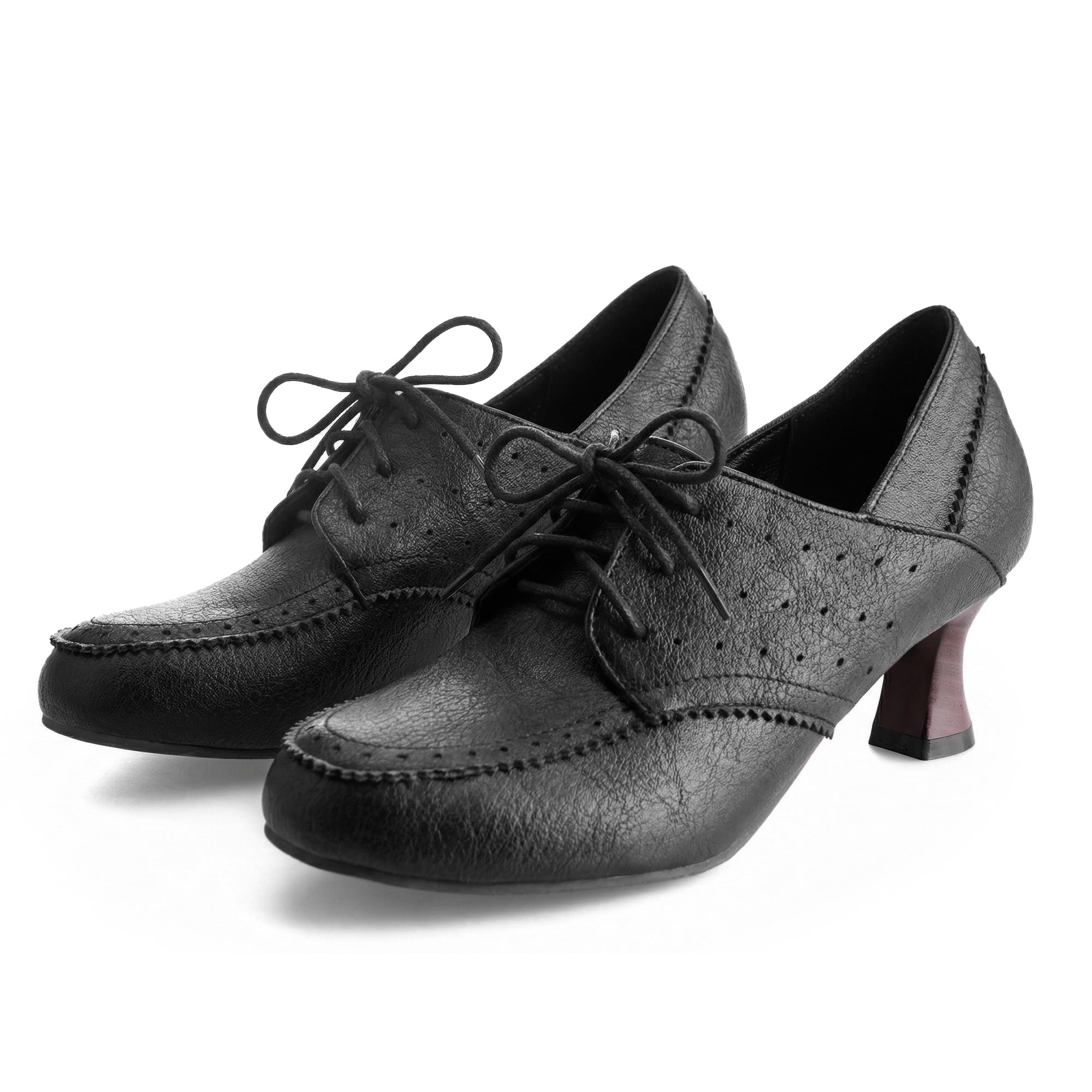 Womens Victorian Lace-Up Brogue Heeled Oxford Shoes Wingtip Perforated Block Heel