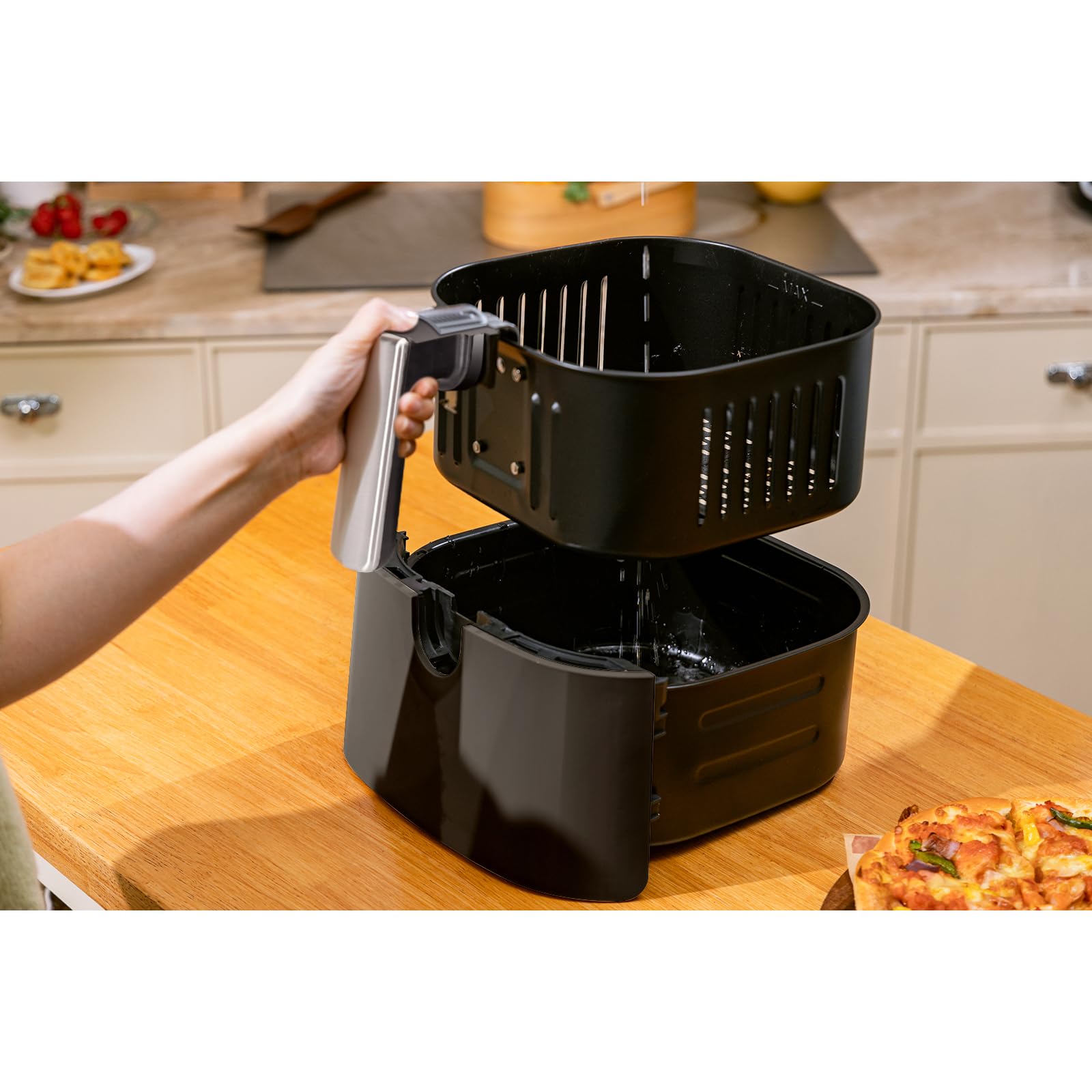 Aigostar Freidora de Aire 7L, 1900 W, Freidora sin Aceite con 7 Funciones, Pantalla Táctil LED, Doble Uso: con Cesta o Cajón. Sin BPA. Libro de Recetas Incluido, Cesta Antiadherente, Negra(IBT)