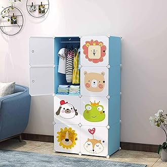 Plastic Baby Foldable Wardrobe For Clothes Storage, Kids Almirah For Clothes, Baby Cupboard For Clothes Storage Collapsible Wardrobe For Kids Clothes/Toys/Books (Blue, 8-Shelf-8-Door)