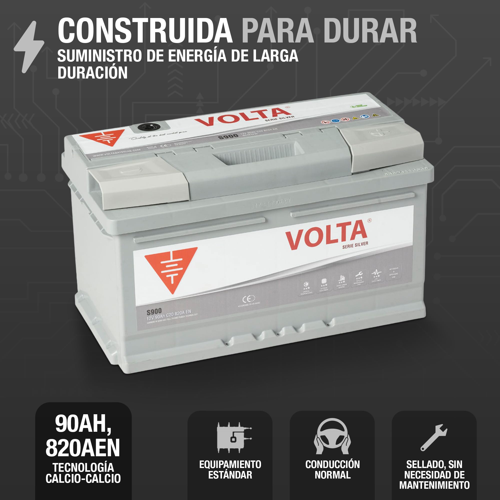 Bateria de Coche 90Ah 820A - Volta Silver S900D - Borne +Dcha - Medidas Largo 315 x Ancho 175 x Alto 175 mm con 2 años de Garantía - Fabricación Europea.
