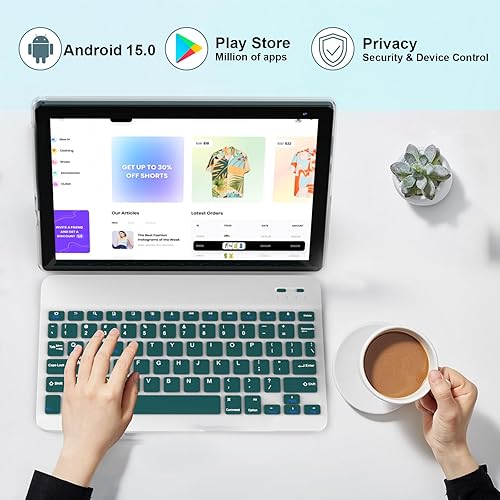 Vista 14 de Tablet Android 15 de 10 pulgadas, tabletas 2 en 1 con funda para teclado, lápiz capacitivo, 6 GB de RAM 32 GB ROM 1 TB Expand, procesador Quad Core