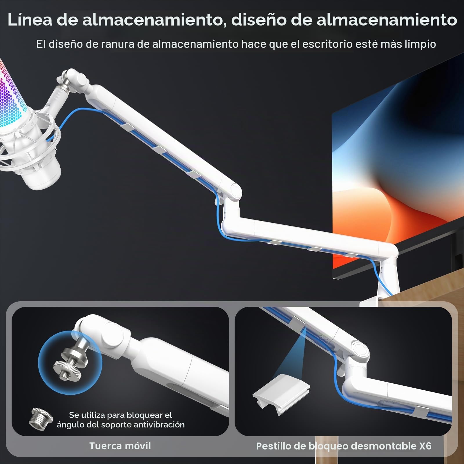 Aokeo AK-55 - Brazo de micrófono ajustable de perfil bajo, adecuado para Blue Yeti, Snowball iCE, HyperX QuadCast, SoloCast, Elgato Wave, etc