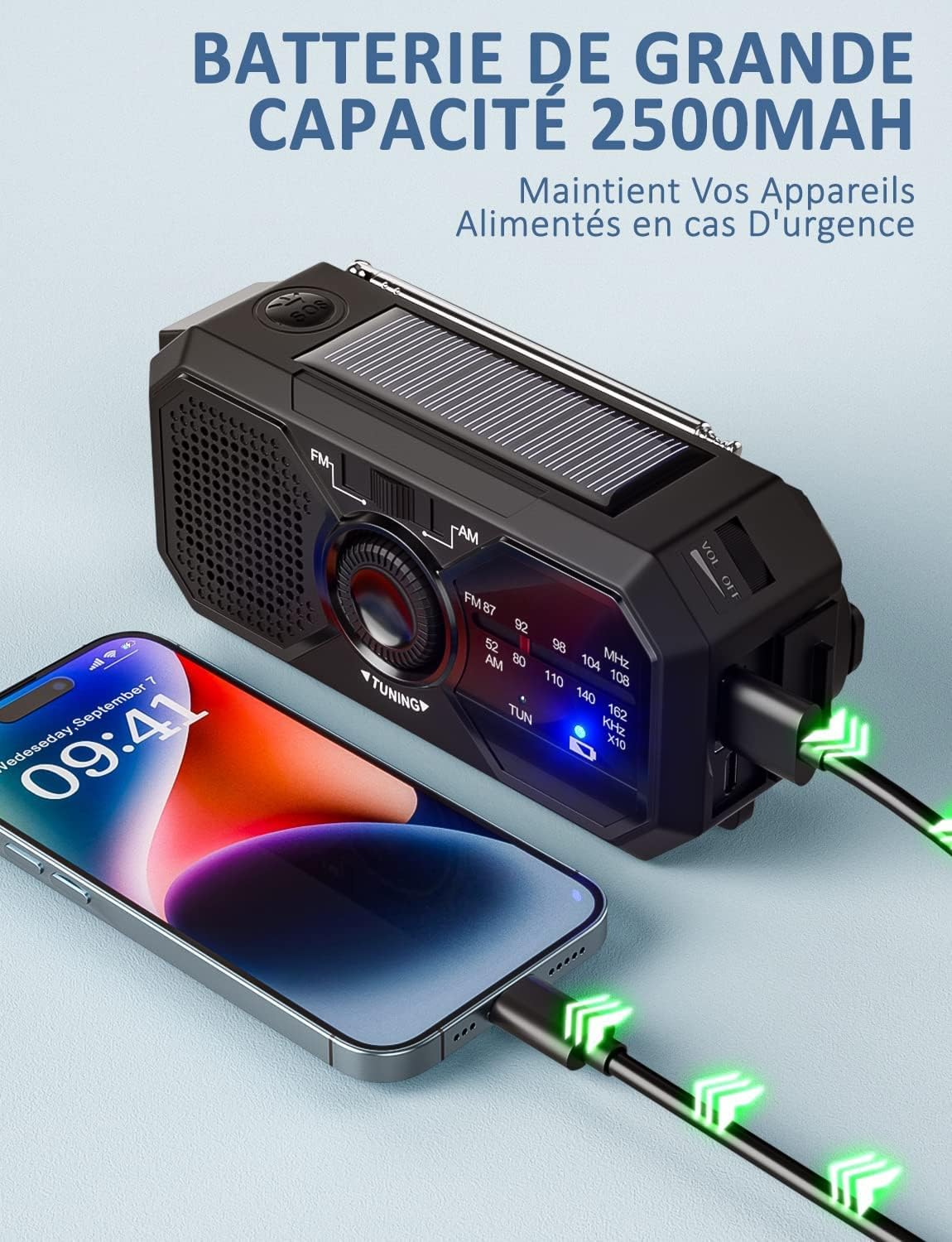 UOHHBOE Radio Solar Generador Portátil SOS Sirena AM/FM 2500 mAh carga a través de USB-C brújula