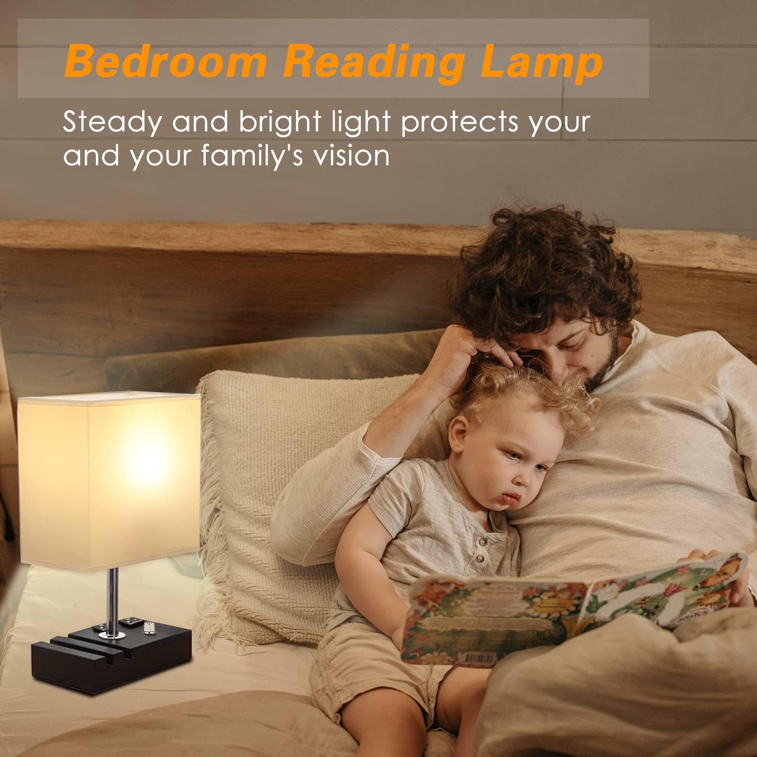 EVISTR Fully Dimmable Table Lamp for Bedroom Dual USB Port Bedside Lamp for Nightstand Desk Lamps with Charging Station 2 Power Outlets, Fabric Lampshade LED Bulb Included (Black/White)