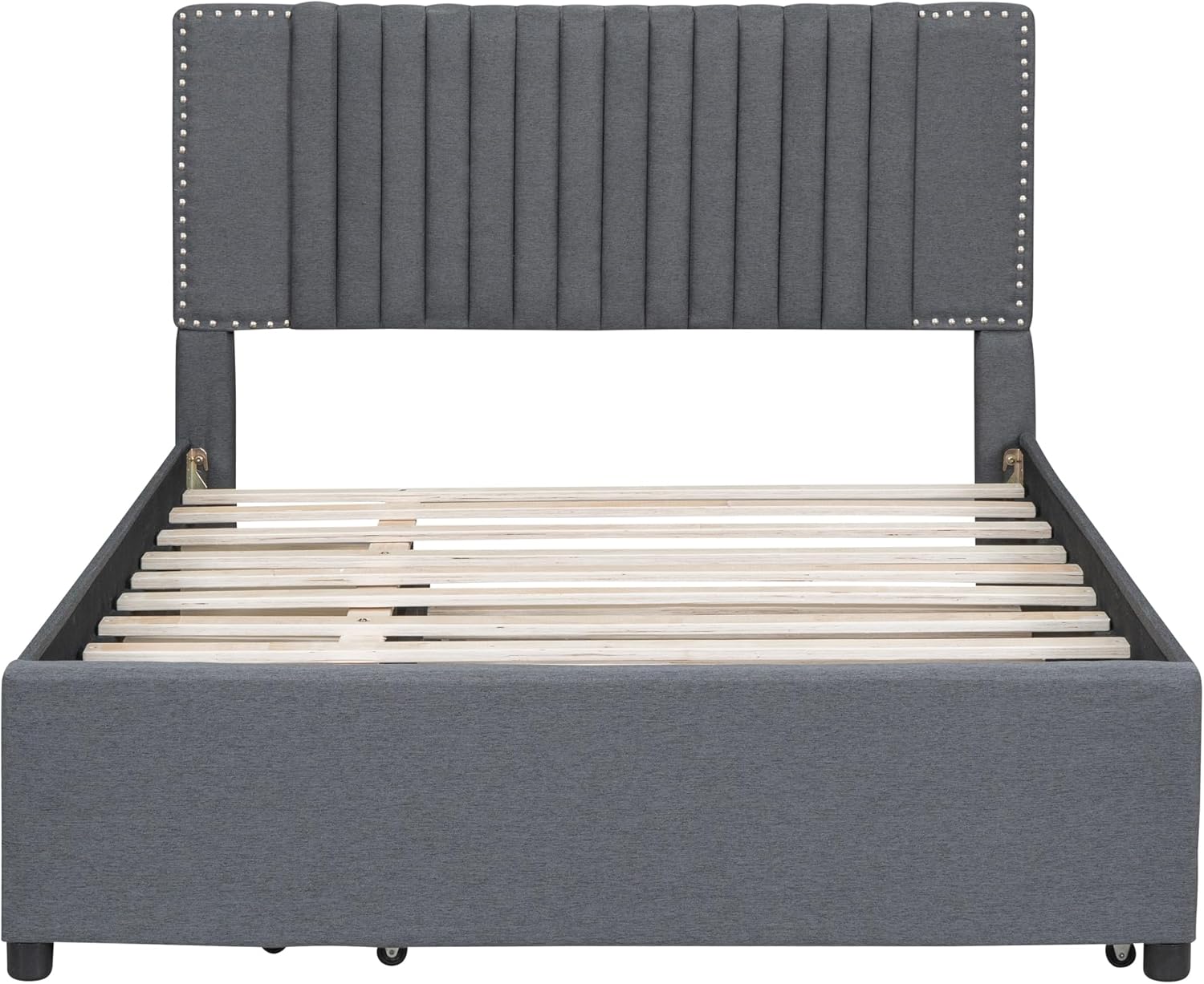 MERITLINE Upholstered Platform Bed with Drawers and Trundle, Full Size Linen Platform Bed with Headboard and Slats Support for Kids Teens Adults, No Box Spring Needed, Easy Assembly, Gray
