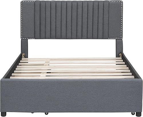 Miniatura 86 de Merax Base de cama tapizada de tamaño matrimonial con cama nido de tamaño individual, 2 cajones, cabecera con patrón de ladrillo y soporte de