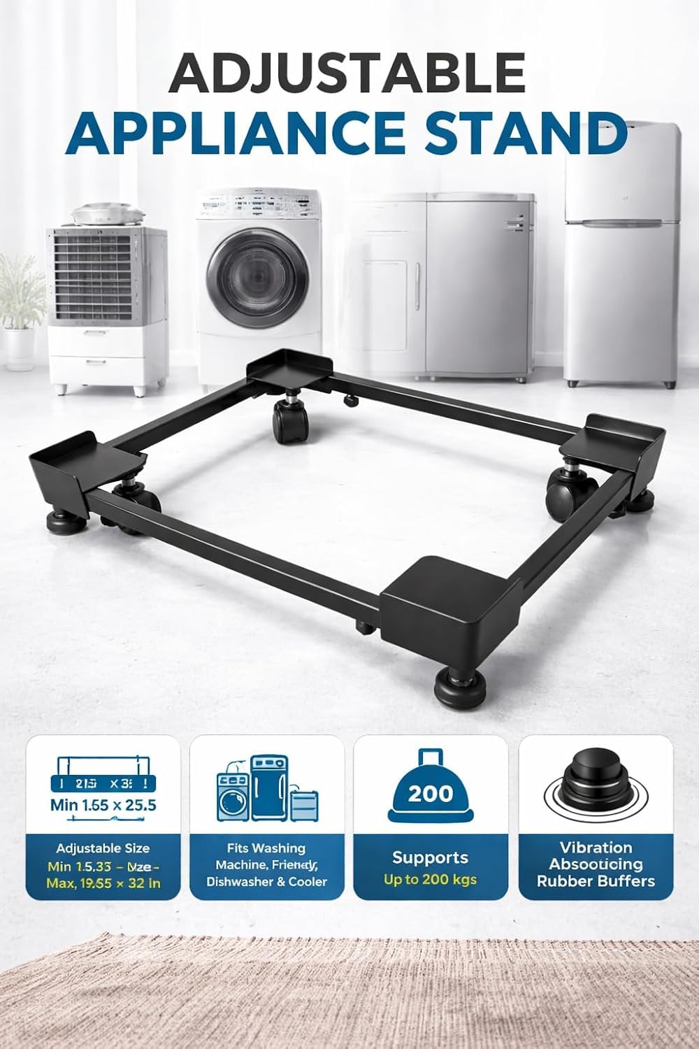 Heavy Duty Metal Size Adjustable Washing Machine Stand | Trolley Also Suitable for Dishwasher, Fridge, Air Cooler Tray (RSN99BLK,4 Wheels, 4 Vibration dampners, Black) 3