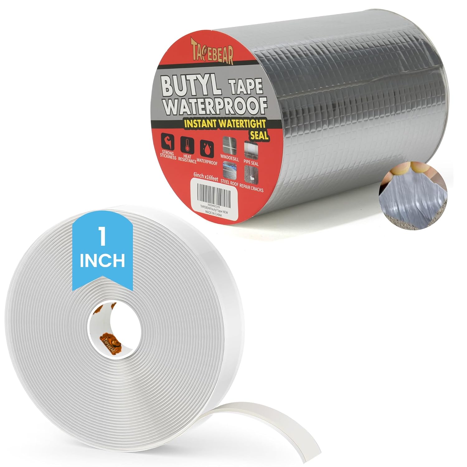TAPEBEAR Butyl Tape 1 Inch x 30 Ft White, 1/8 in Thick Plumbers Putty Tape + Butyl Tape Waterproof Sealing Tape 6inch x 16feet